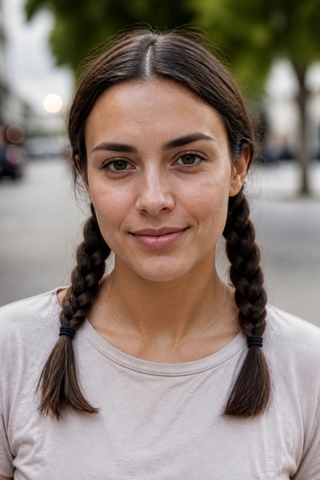Close-up portrait of a real person with two neat low pigtails and a center part