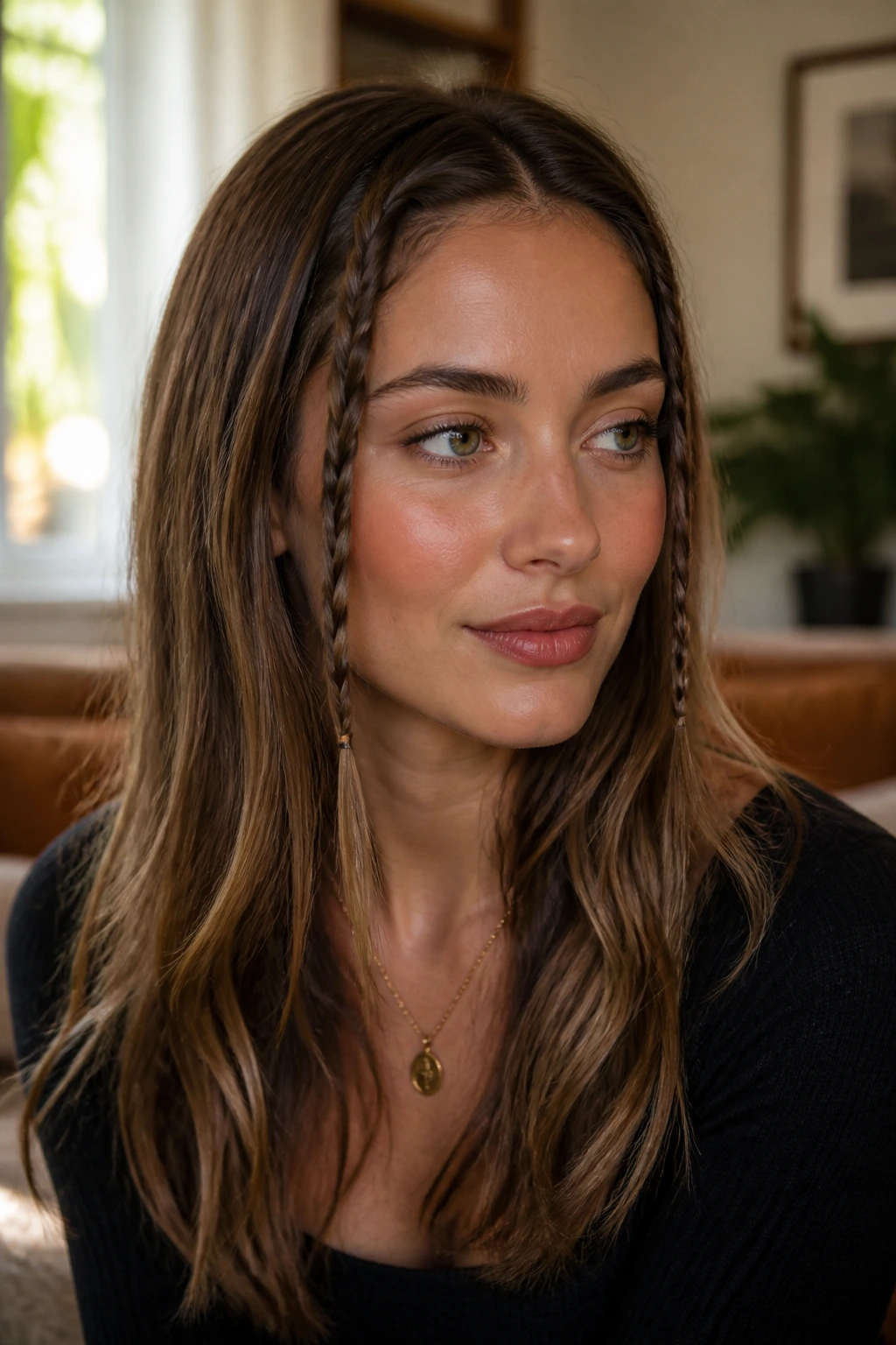 Close-up of a real woman with two small face-framing braids