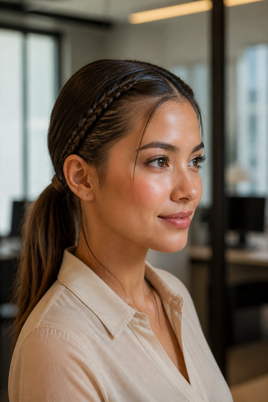 Medium close-up of a real woman showing two front mini braids pulled into a low pony.