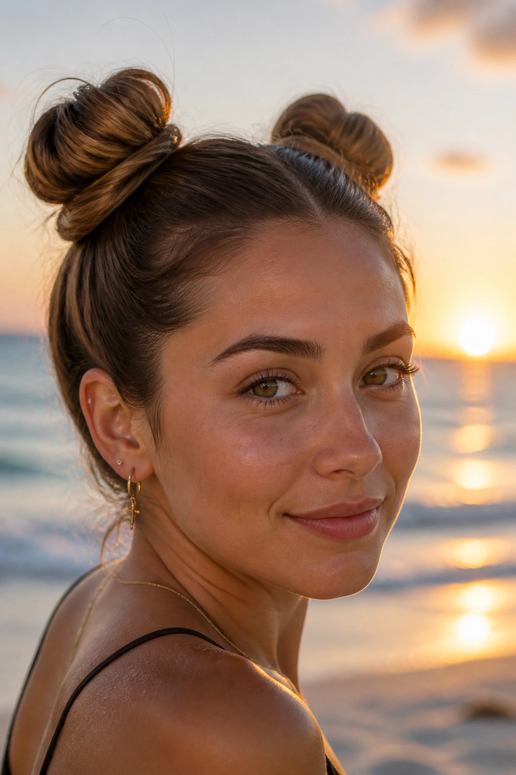Close-up of a real woman with two small buns on top of the head at the beach.