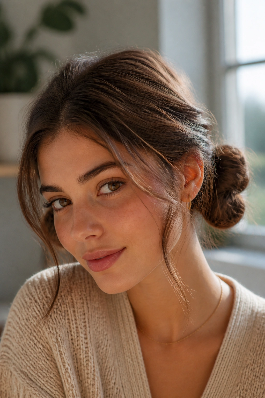 Close-up of a real woman with two small buns at the back of her head