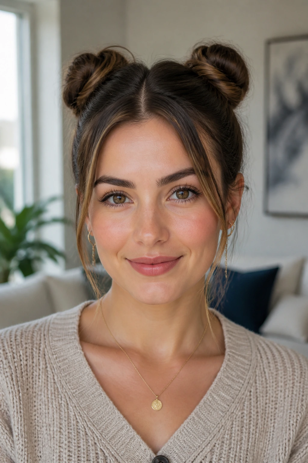 Close-up of real woman with two small buns above the ears