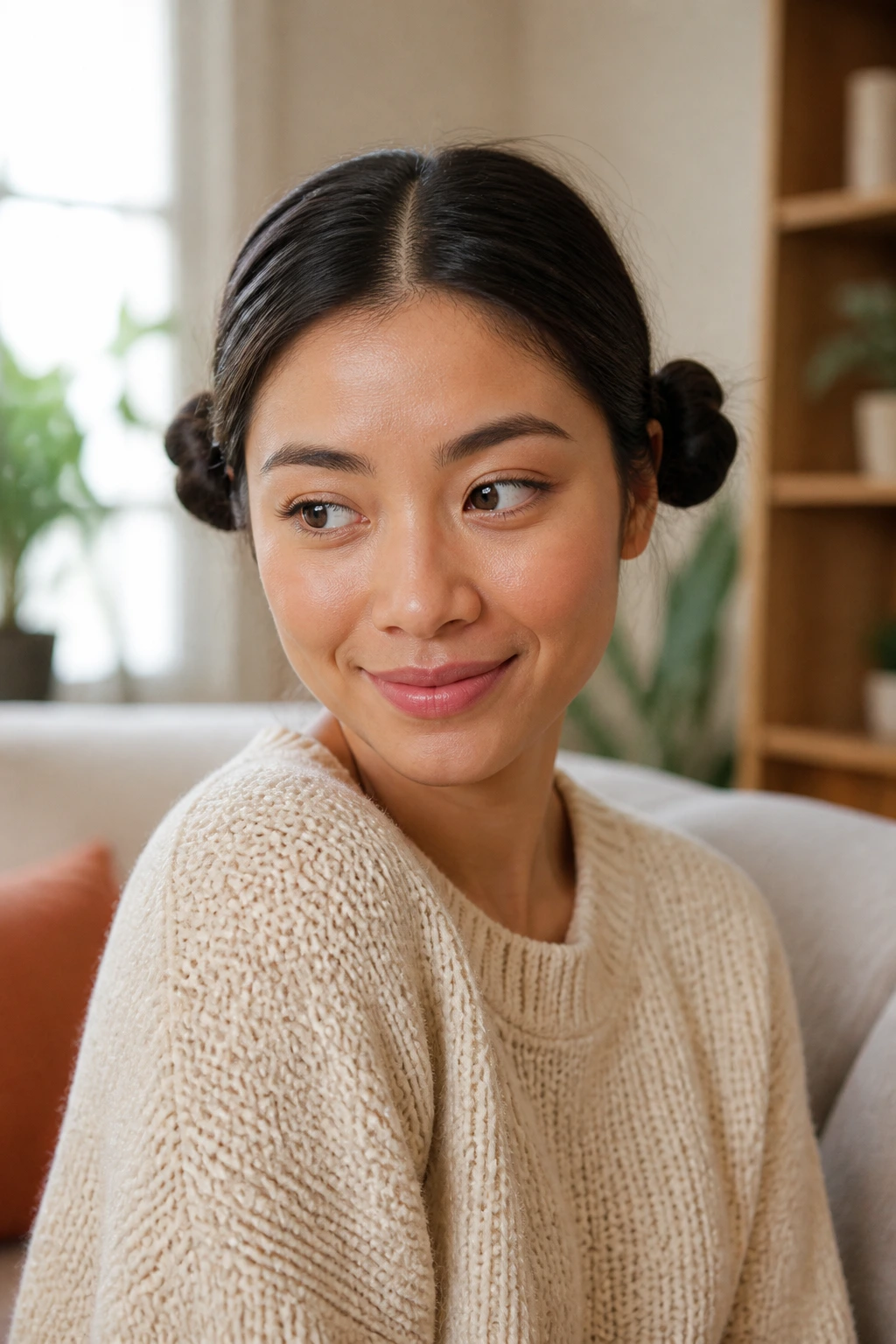 Close-up of real woman with two small buns behind the ears in a cozy living room