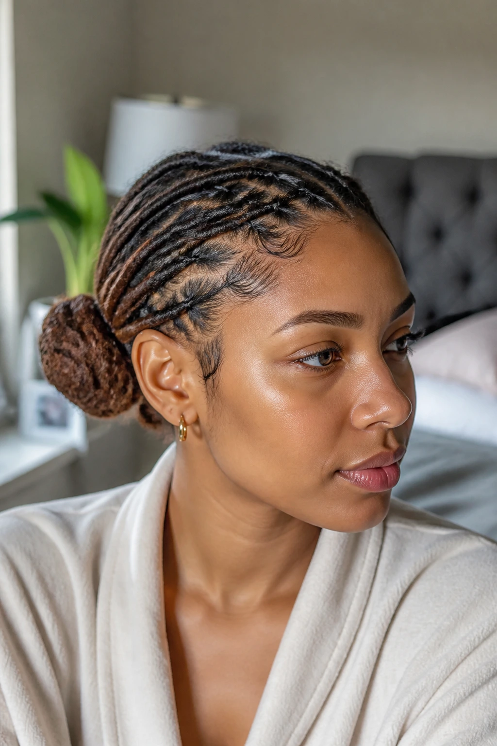 Close-up portrait of a real person with two small buns at back of head