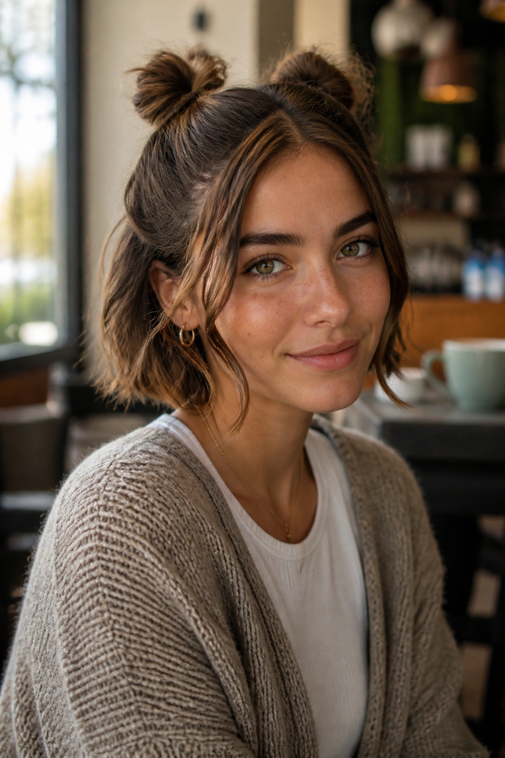 Close-up of real person with two small buns on top for a playful half-up look