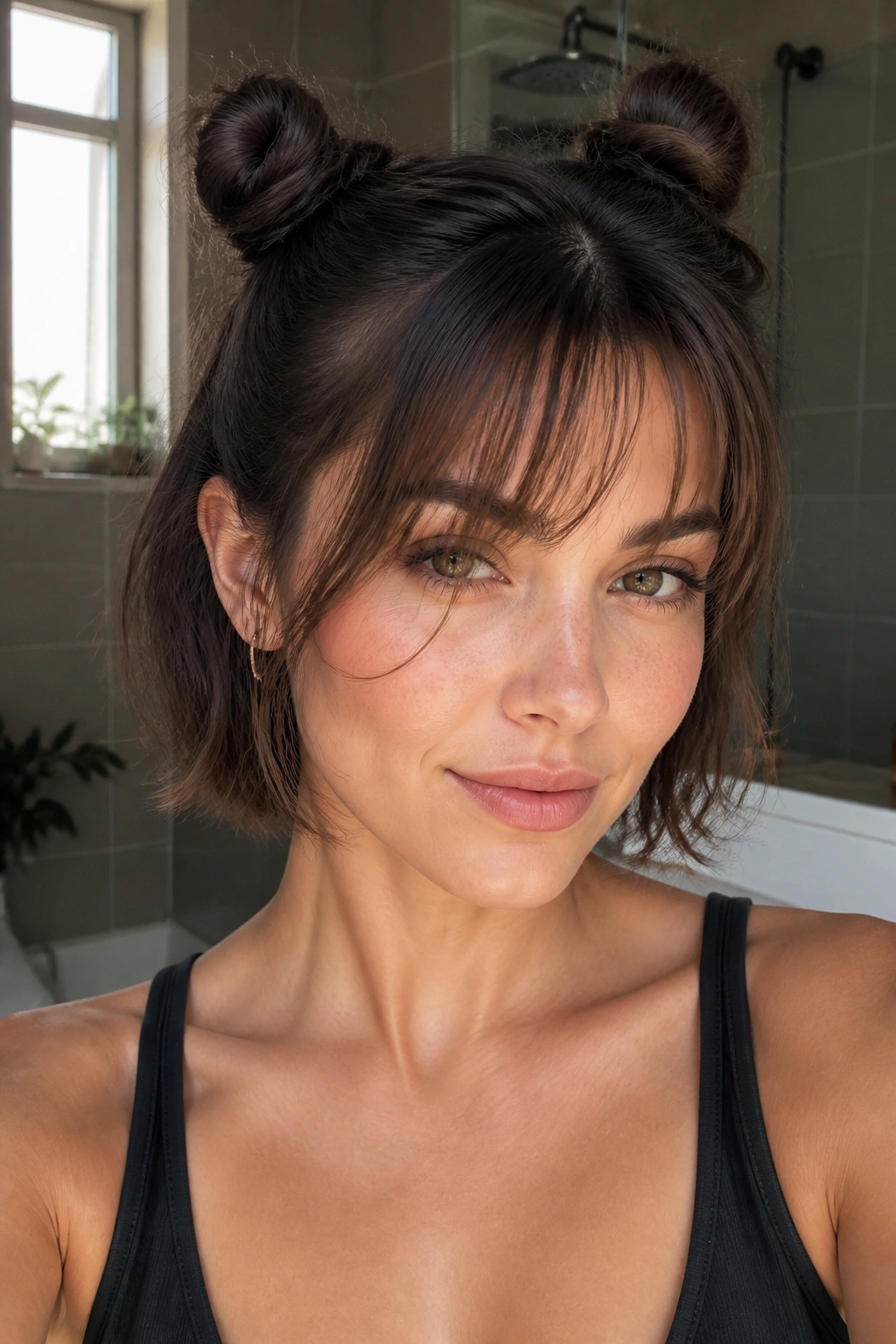Real woman with double mini buns and loose bangs.