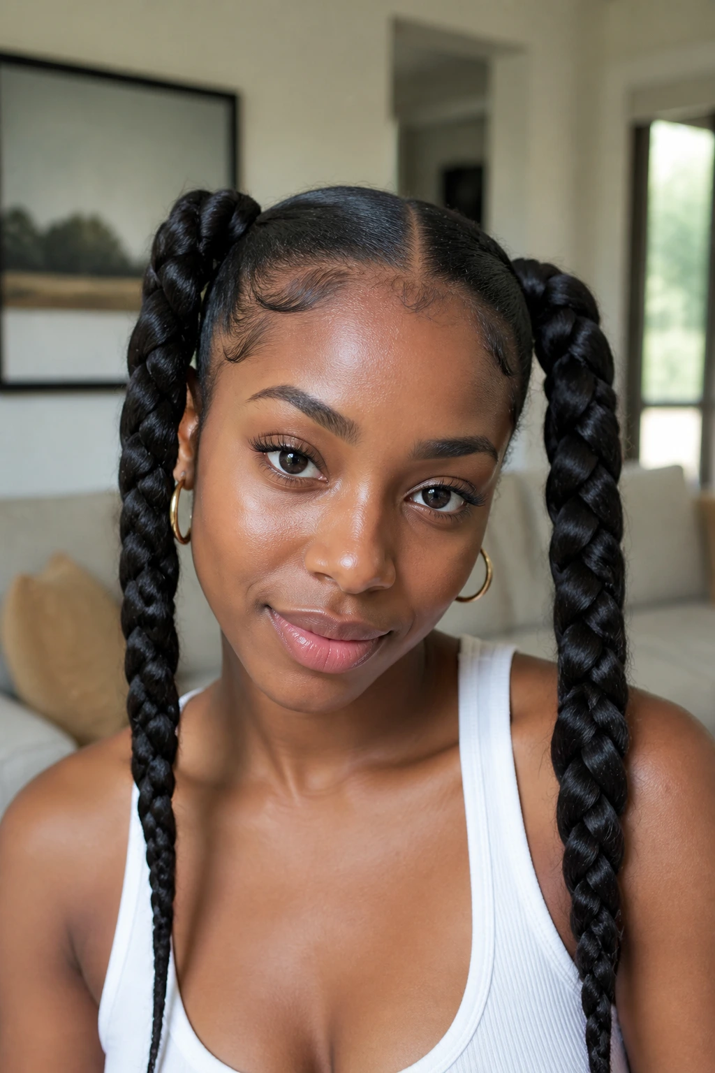 Close-up of a real woman with double pigtail braids, symmetrical and neat