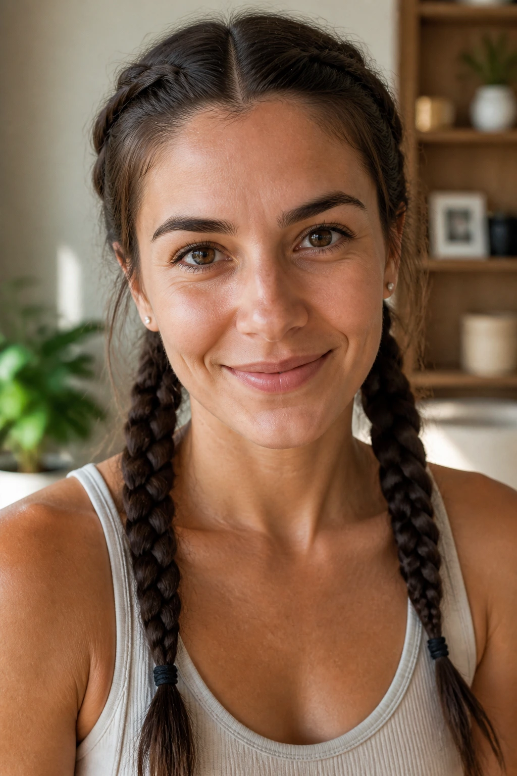 Portrait of real person with two symmetrical pigtail braids