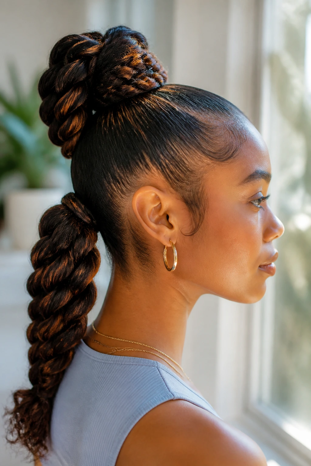 Close-up of a real person with a double-pony twist stack