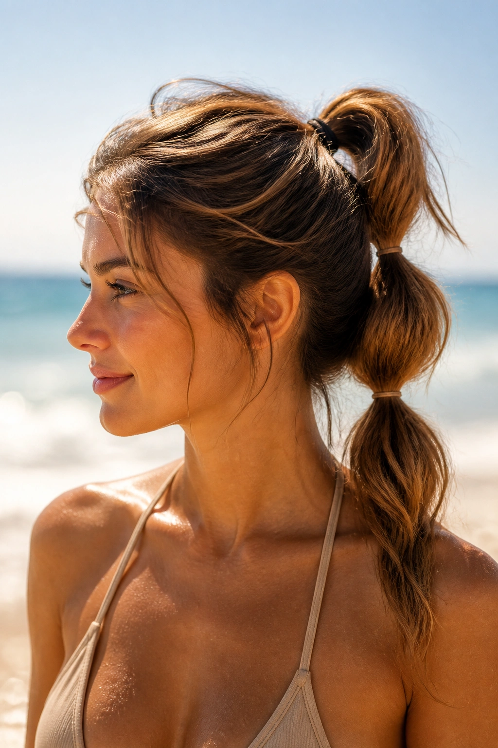 Real woman with two ponytails adding volume at the beach.