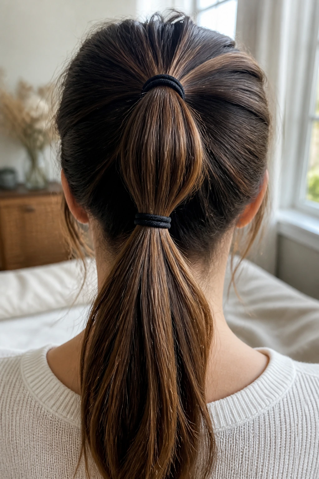 Back view real woman with two stacked ponytails