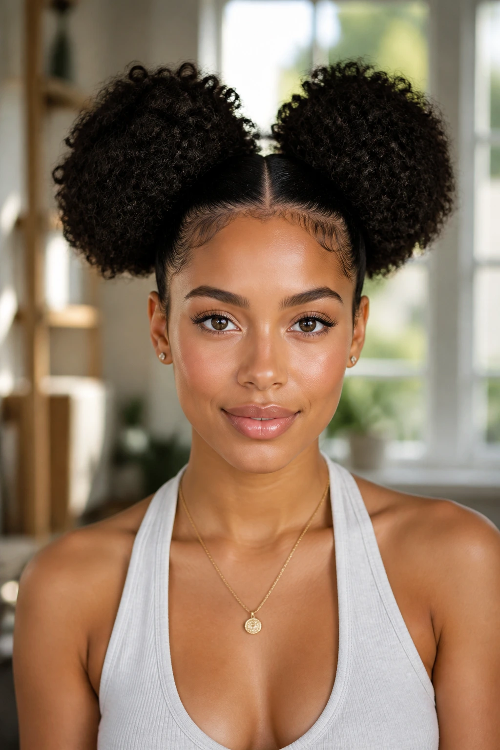 Front portrait of a woman with double puffs hairstyle in bright natural light.