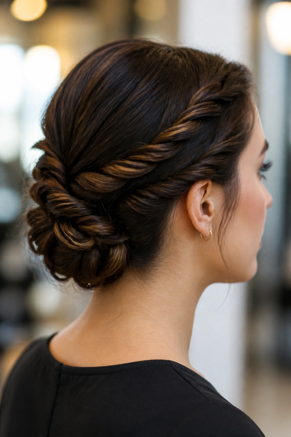 Close-up portrait of a real woman with a double rope twist bun at the nape