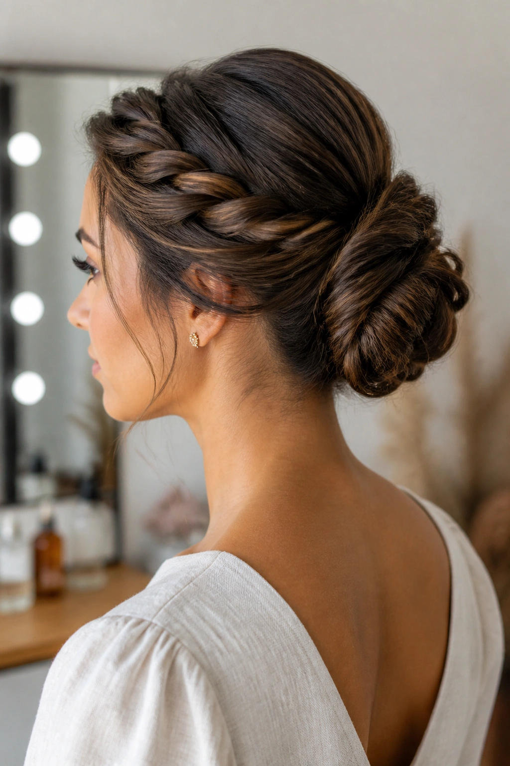 Close-up of a real woman with two rope twists forming a bun