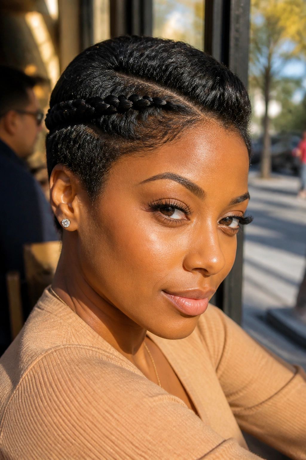Close-up of a real Black woman with two slim side braids tucked back behind the ears.