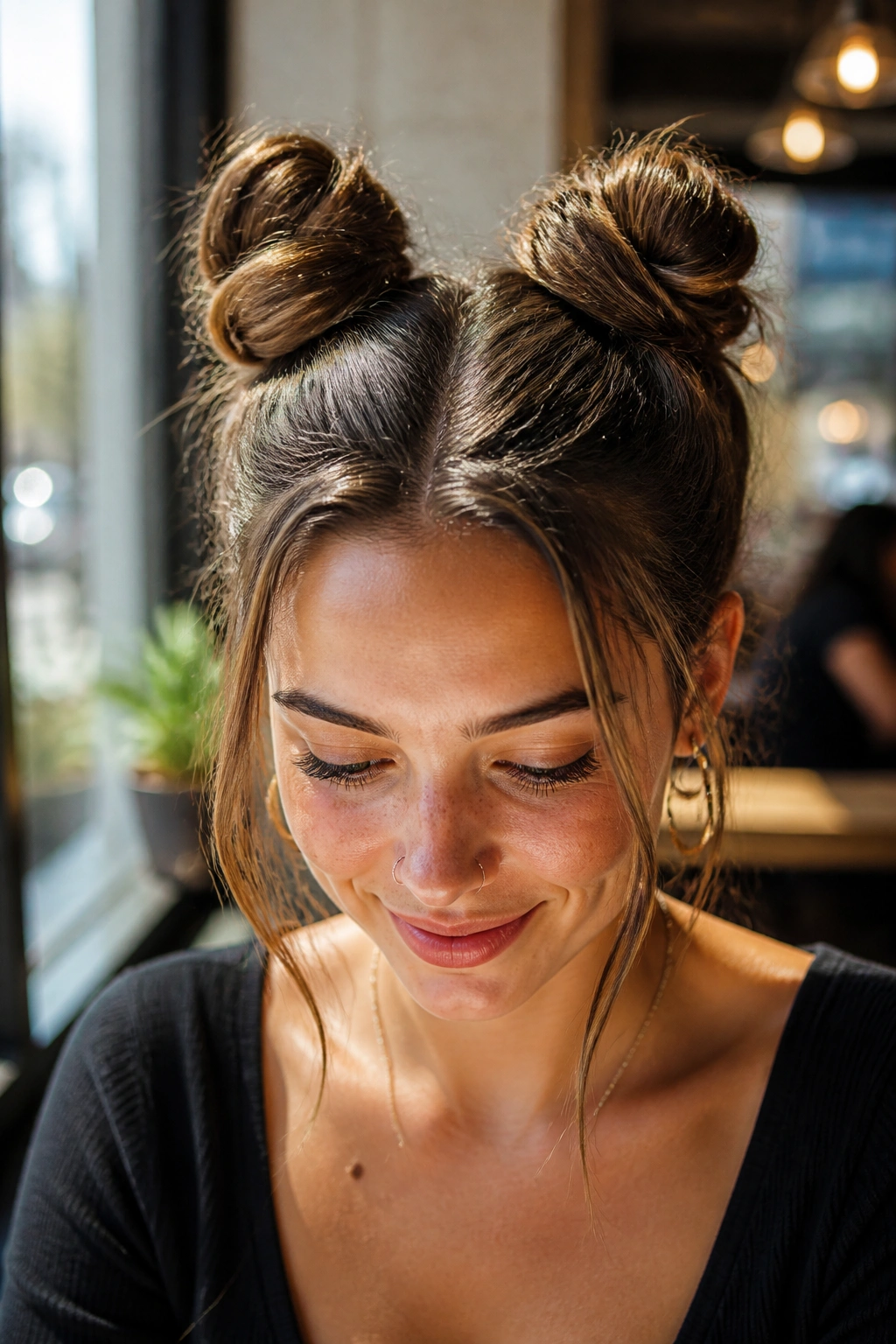 Close-up portrait of a real woman with two space buns on top