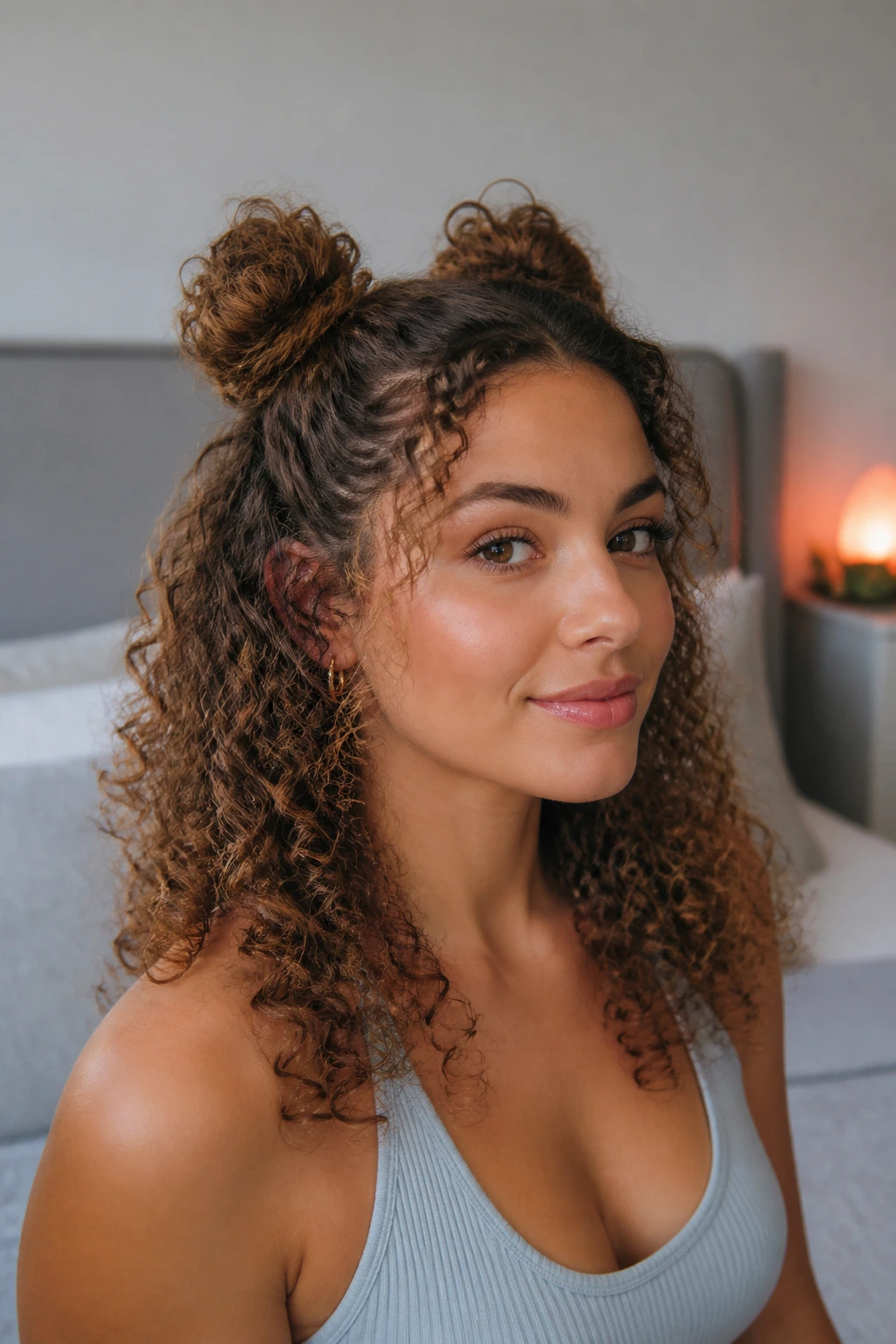 Close-up portrait of a woman with two small space buns and loose curly ends