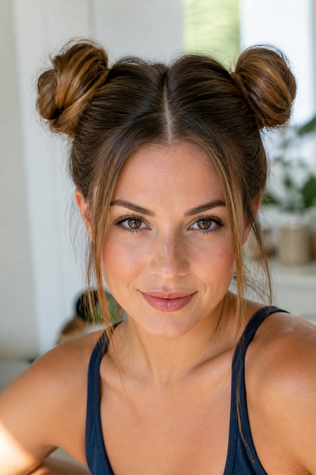 Close-up of a real woman with two high space buns on thin hair