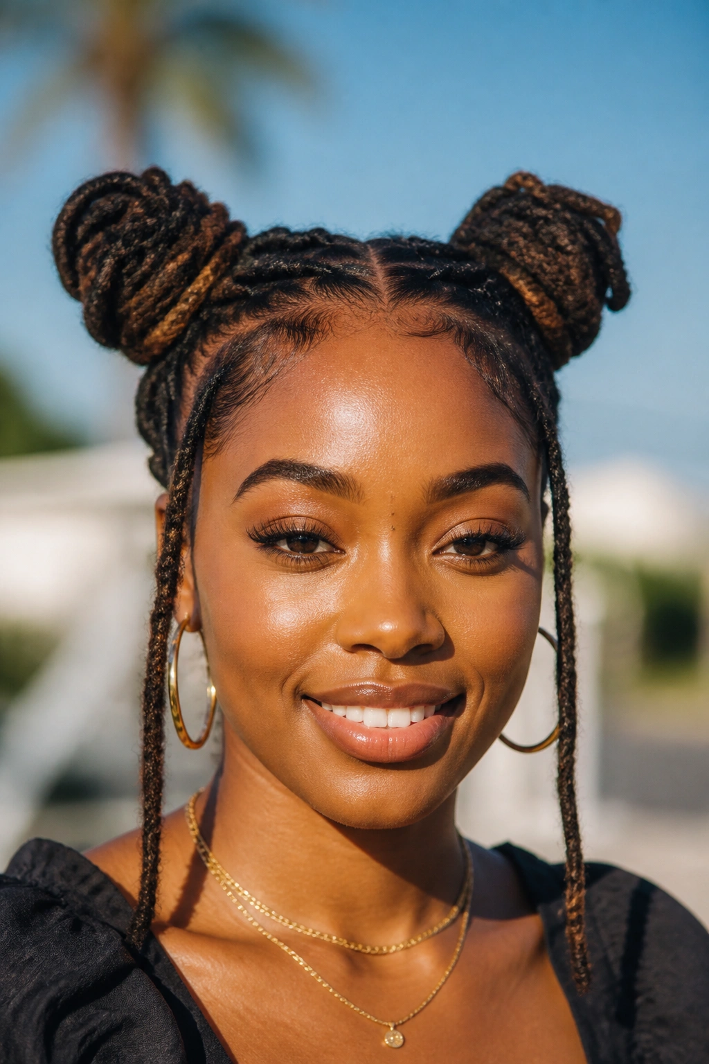 Close-up of a real woman with double space buns