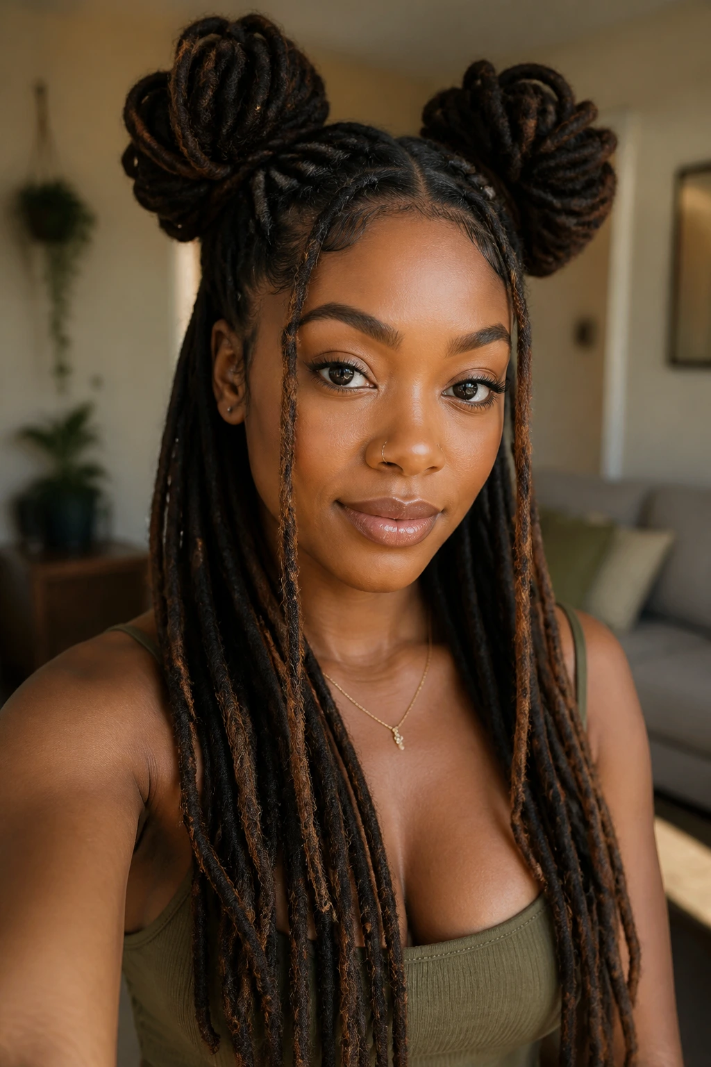 Portrait of a woman with double space buns and long hanging locs