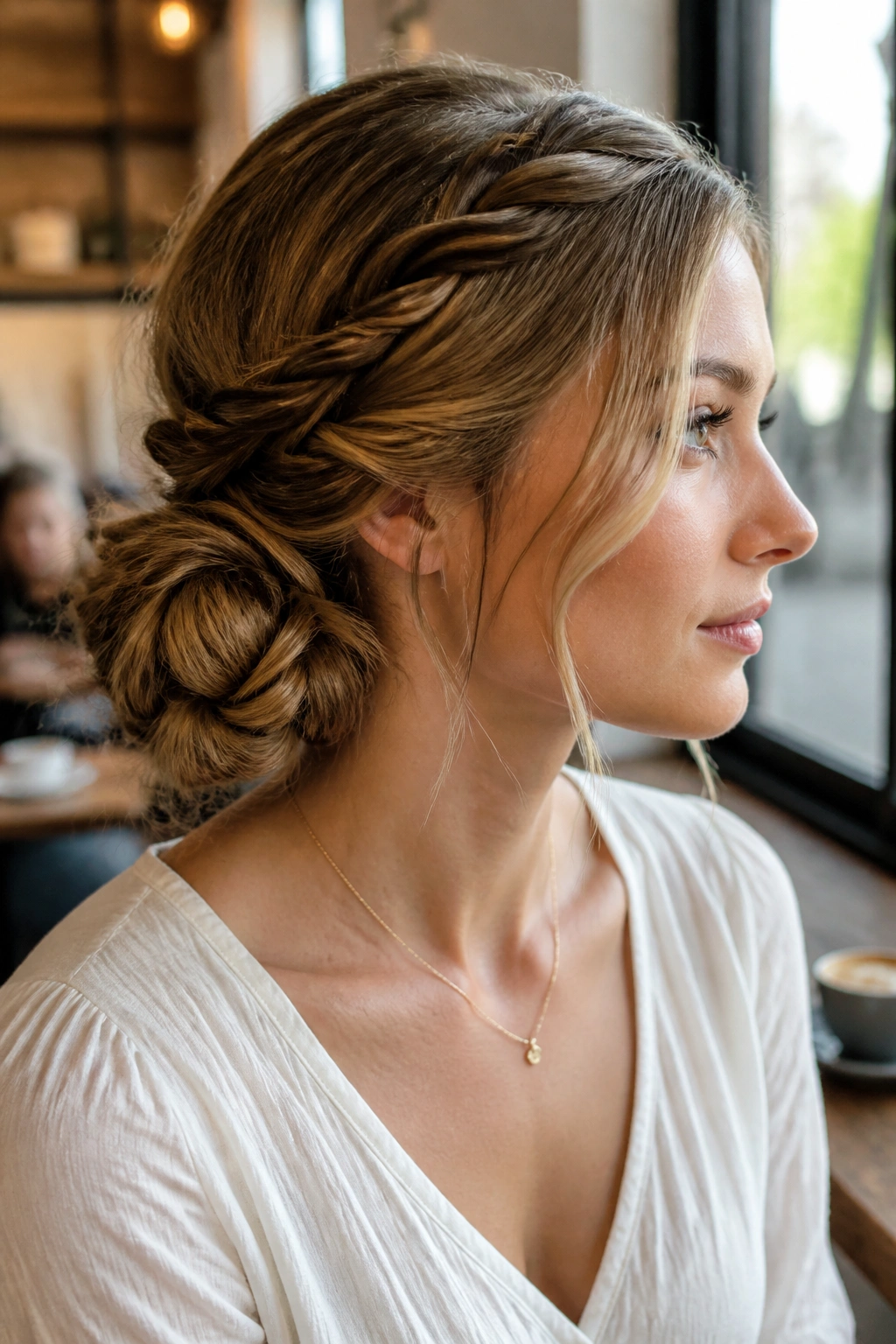 Portrait of a woman with a double-twist side bun