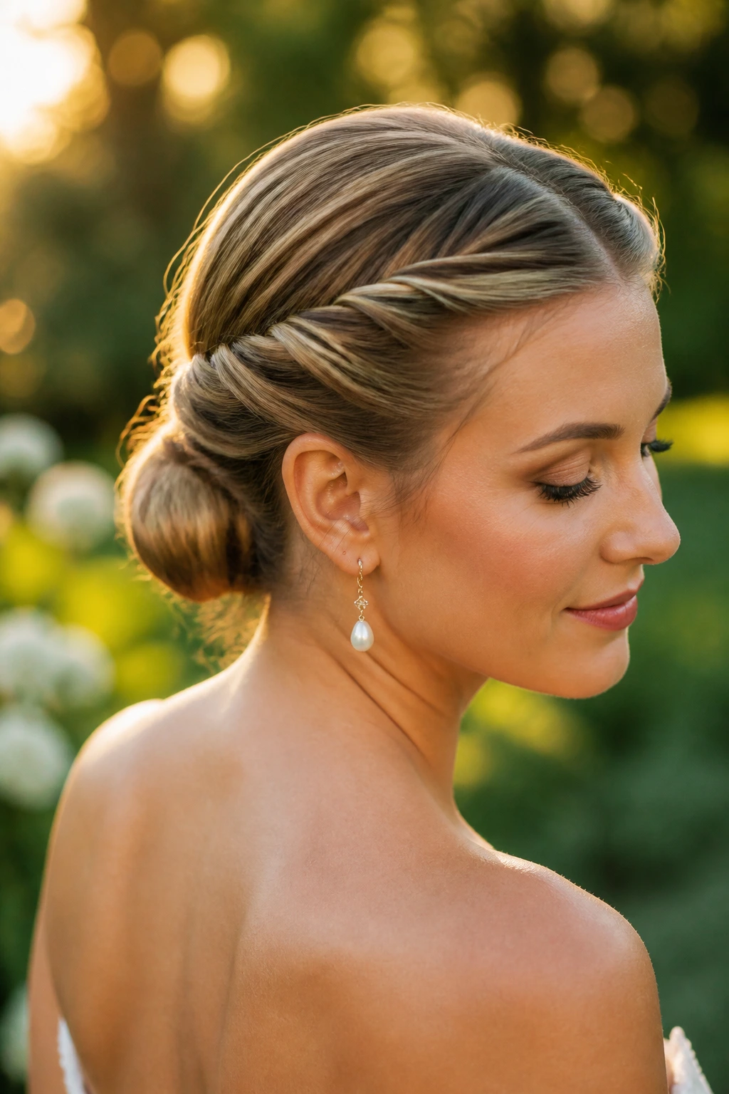 Portrait of bride with double-twist low bun in garden light