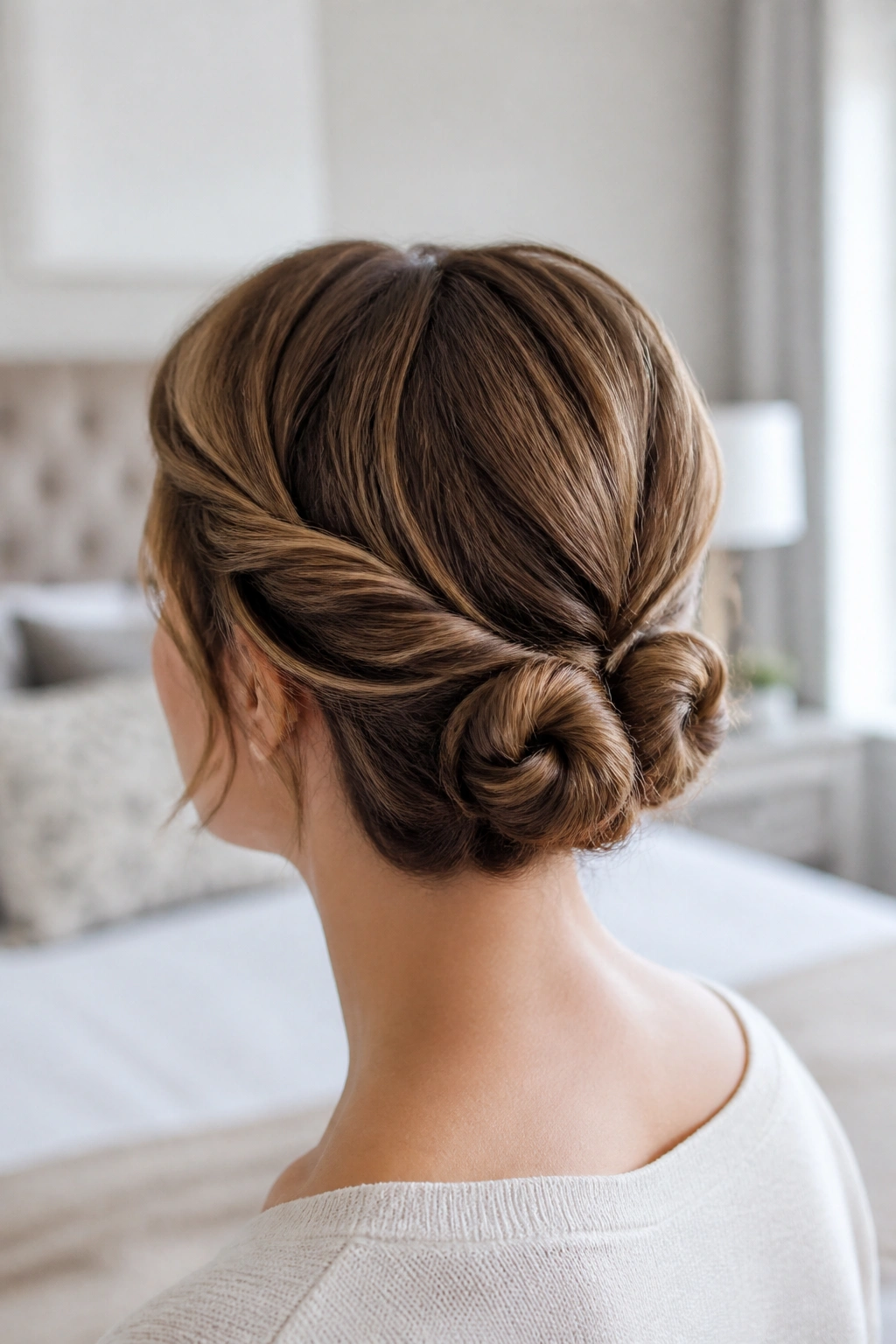 Three-quarter back portrait of a real woman with a layered bob and two side twists into buns at the nape.