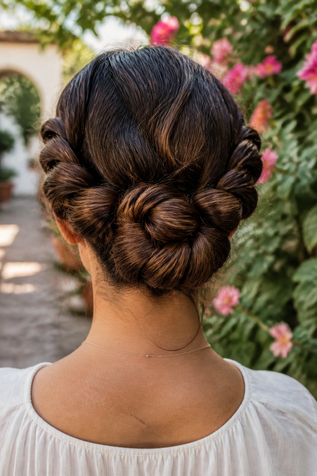 Back-of-head portrait of a real woman with a double twist bun for thick long hair