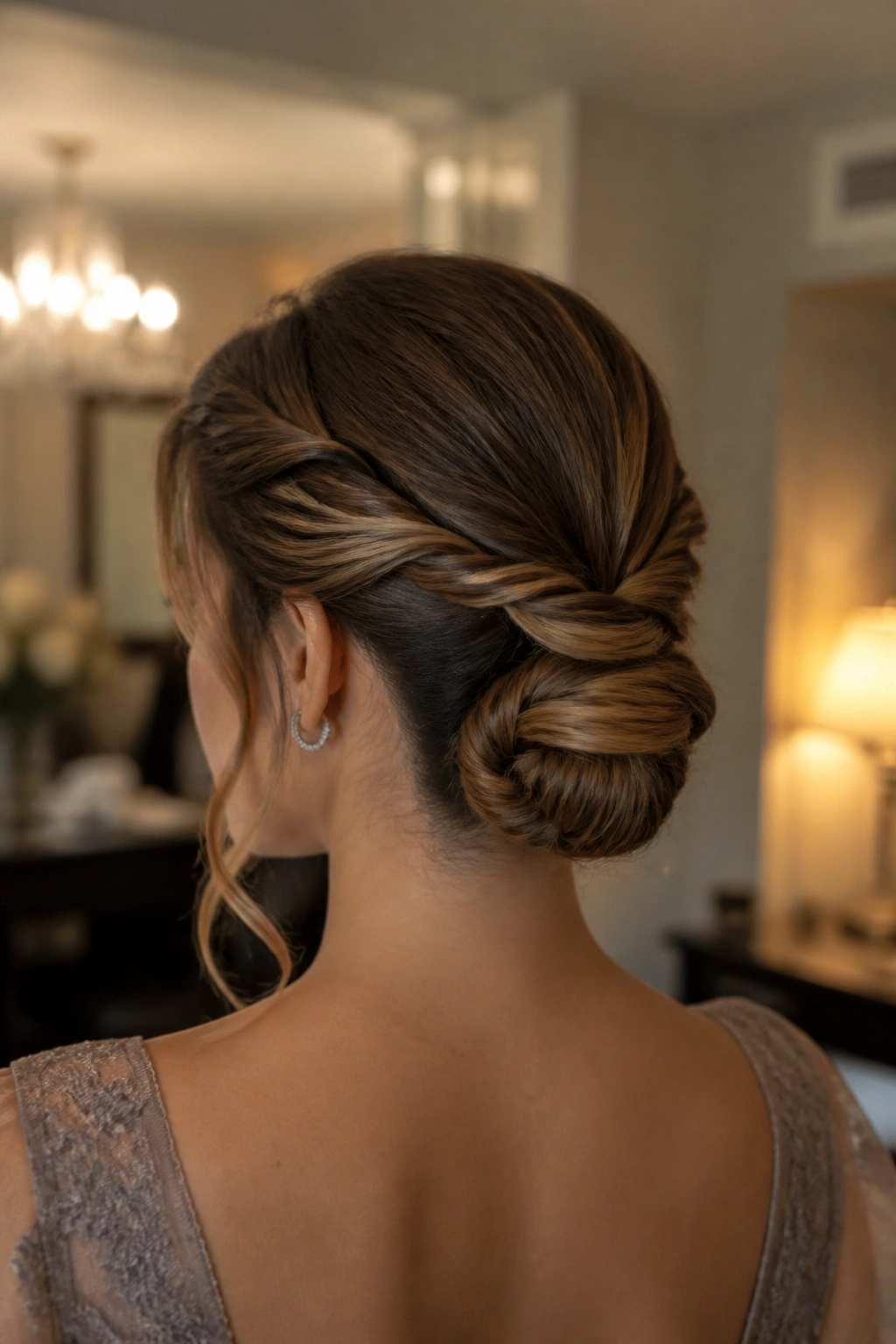 Close-up of a woman with a double twist bun on the back of her head