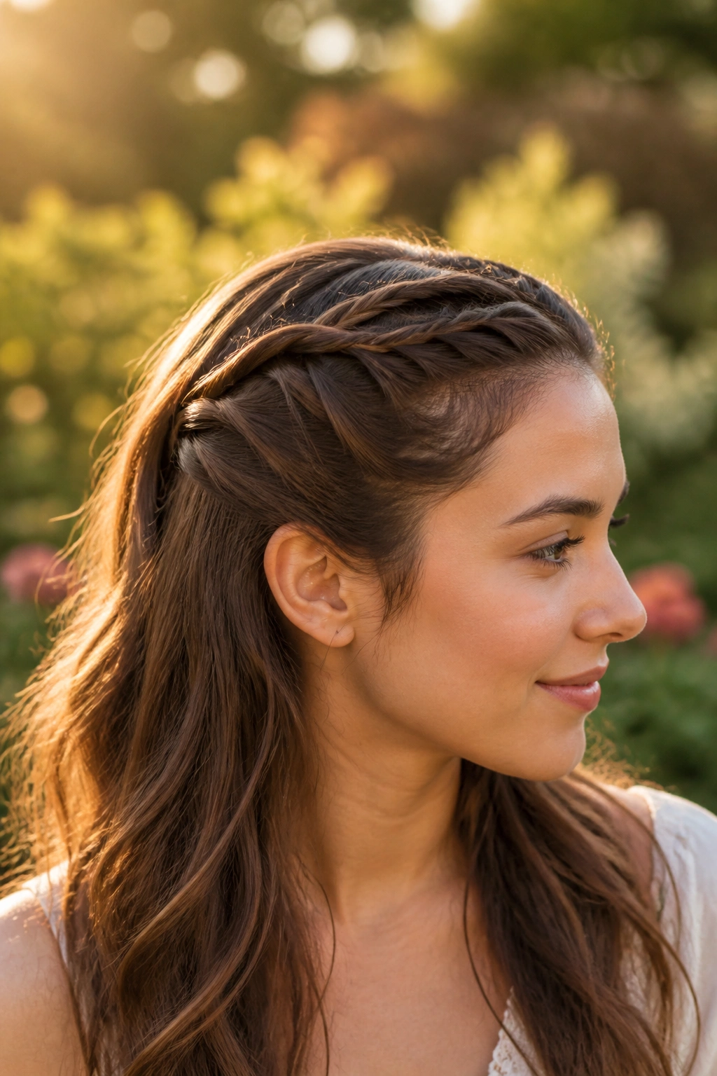 Close-up of a real person with a double-twist half ponytail in a garden at golden hour.