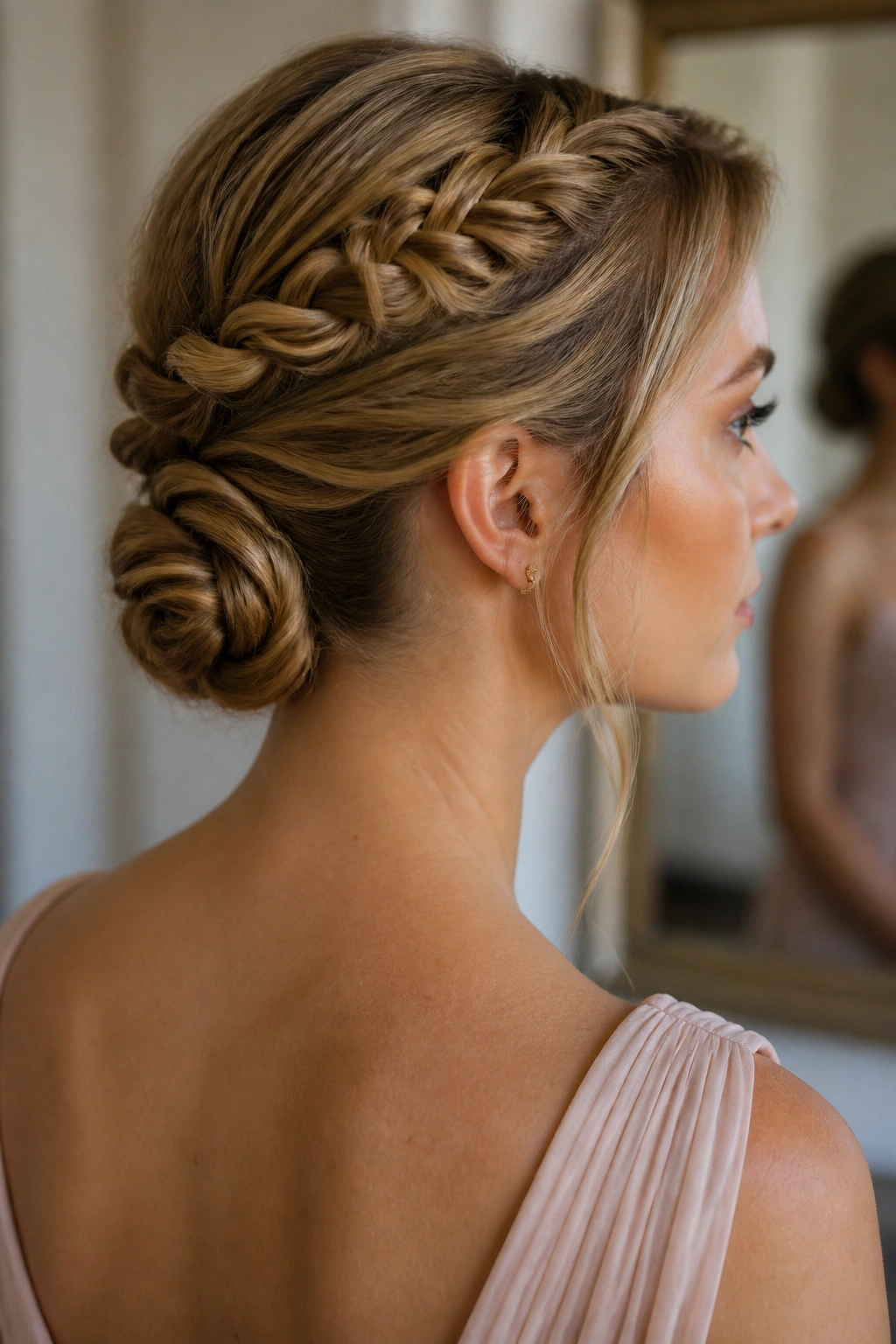 Close-up of real woman with double-twist halo and nape coil hairstyle