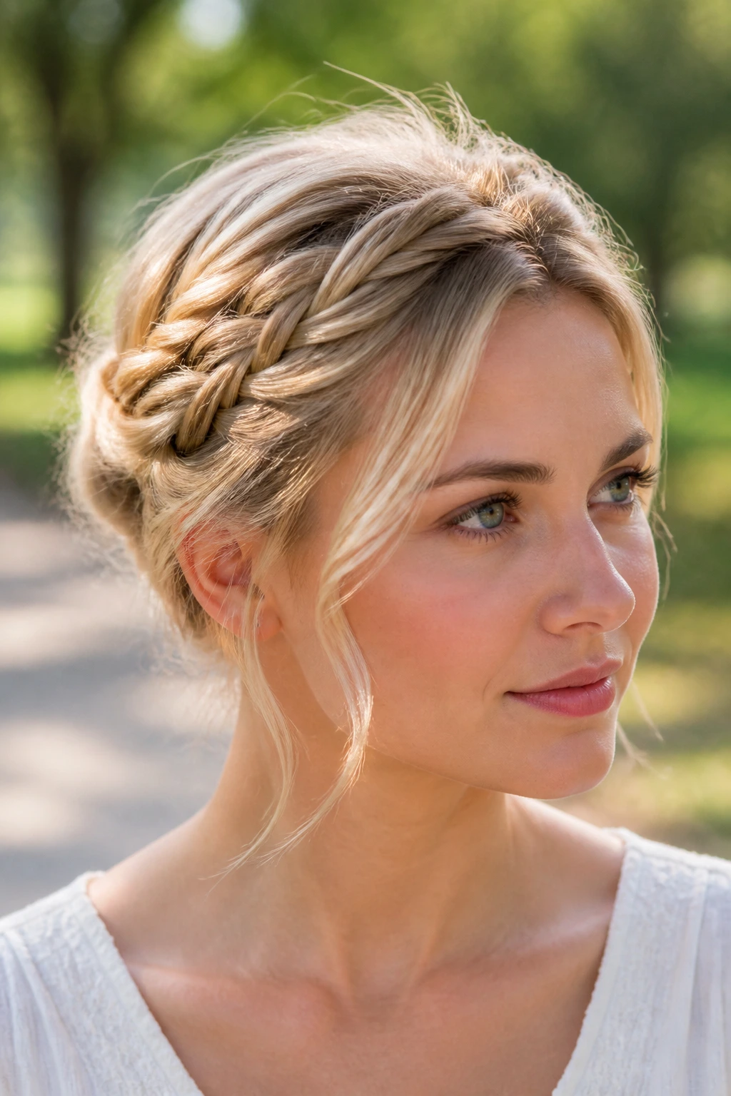 Close-up of a real woman wearing a double twist halo hairstyle.