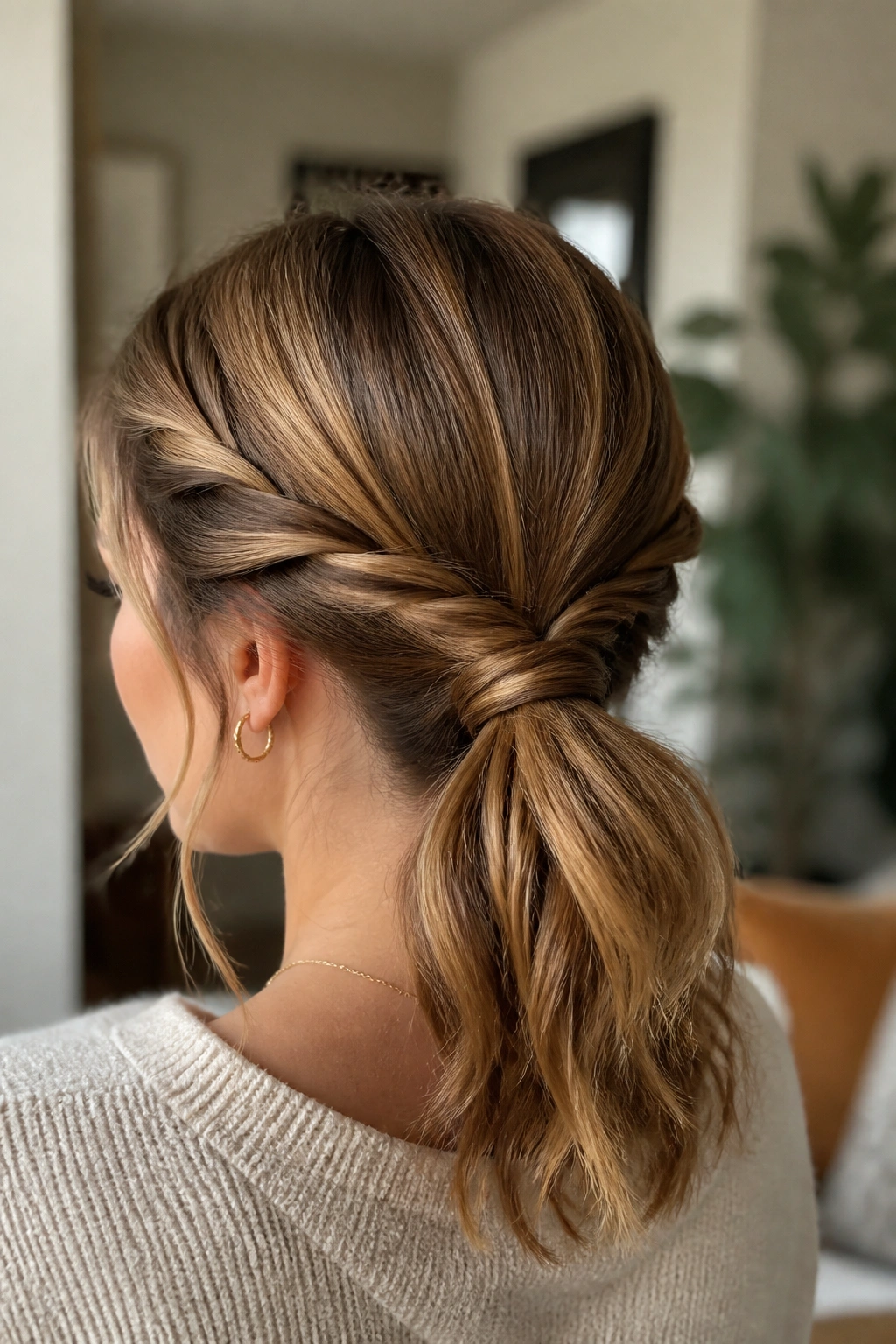 Close-up of a real woman wearing a Double Twist Ponytail Updo with two twists forming a low nape ponytail in natural light