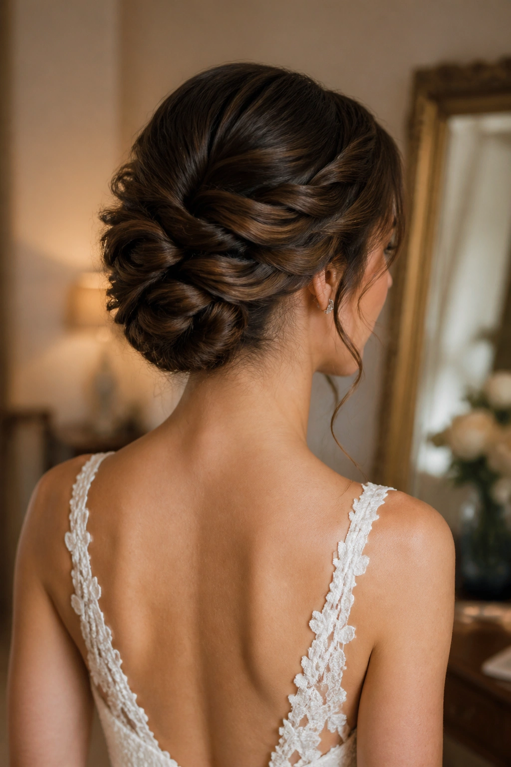 Medium close-up of a double twist updo with woven twists at the back.