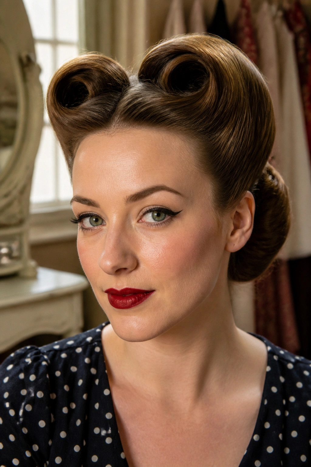 Close-up portrait of a woman with classic double victory rolls in vintage styling with warm window light.
