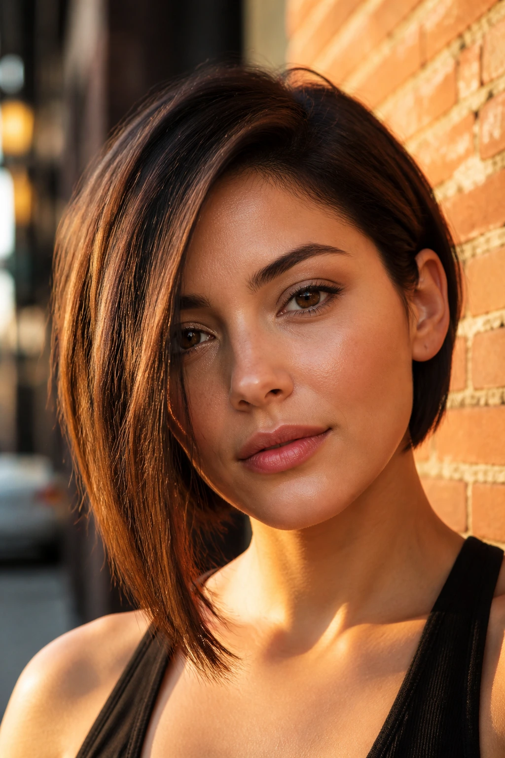 Close-up of a real woman with a dramatic side-heavy bob against warm urban sunset light