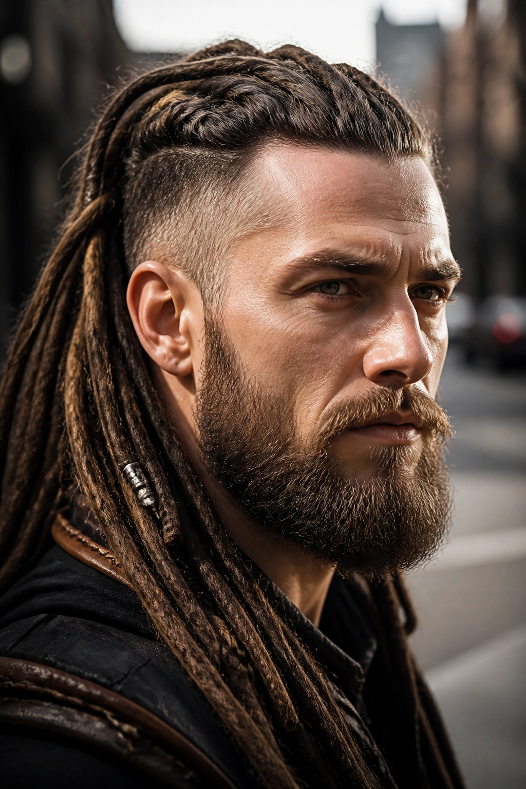 Man with dreadlocks Viking look on city street