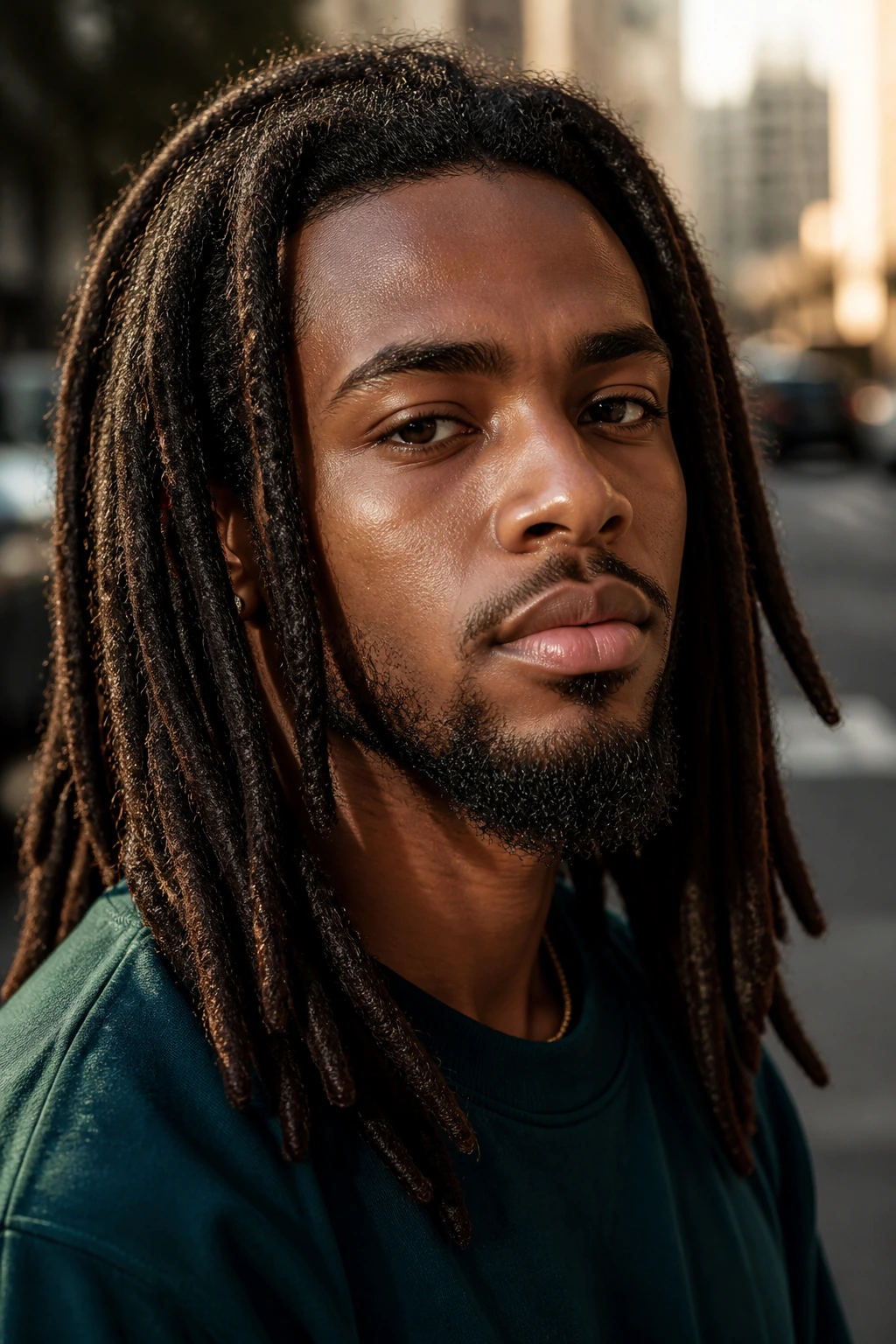 Close-up portrait of a man with dreadlocks outdoors on an urban street