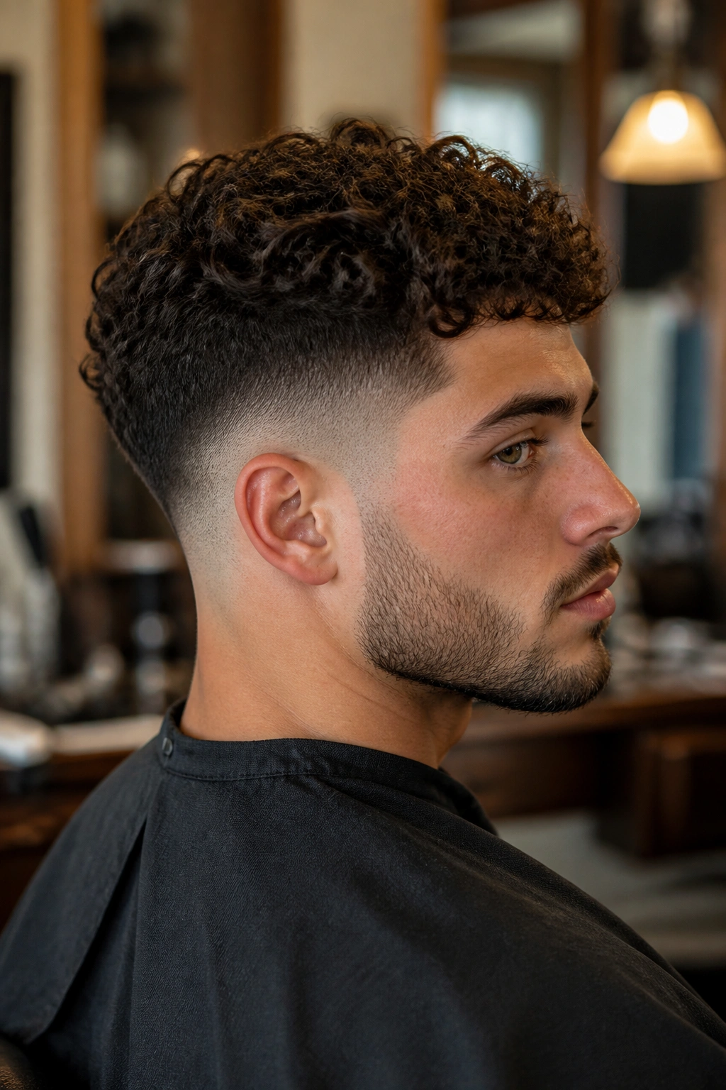 Close-up of a man with drop fade curly crop and visible dipped line behind the ear