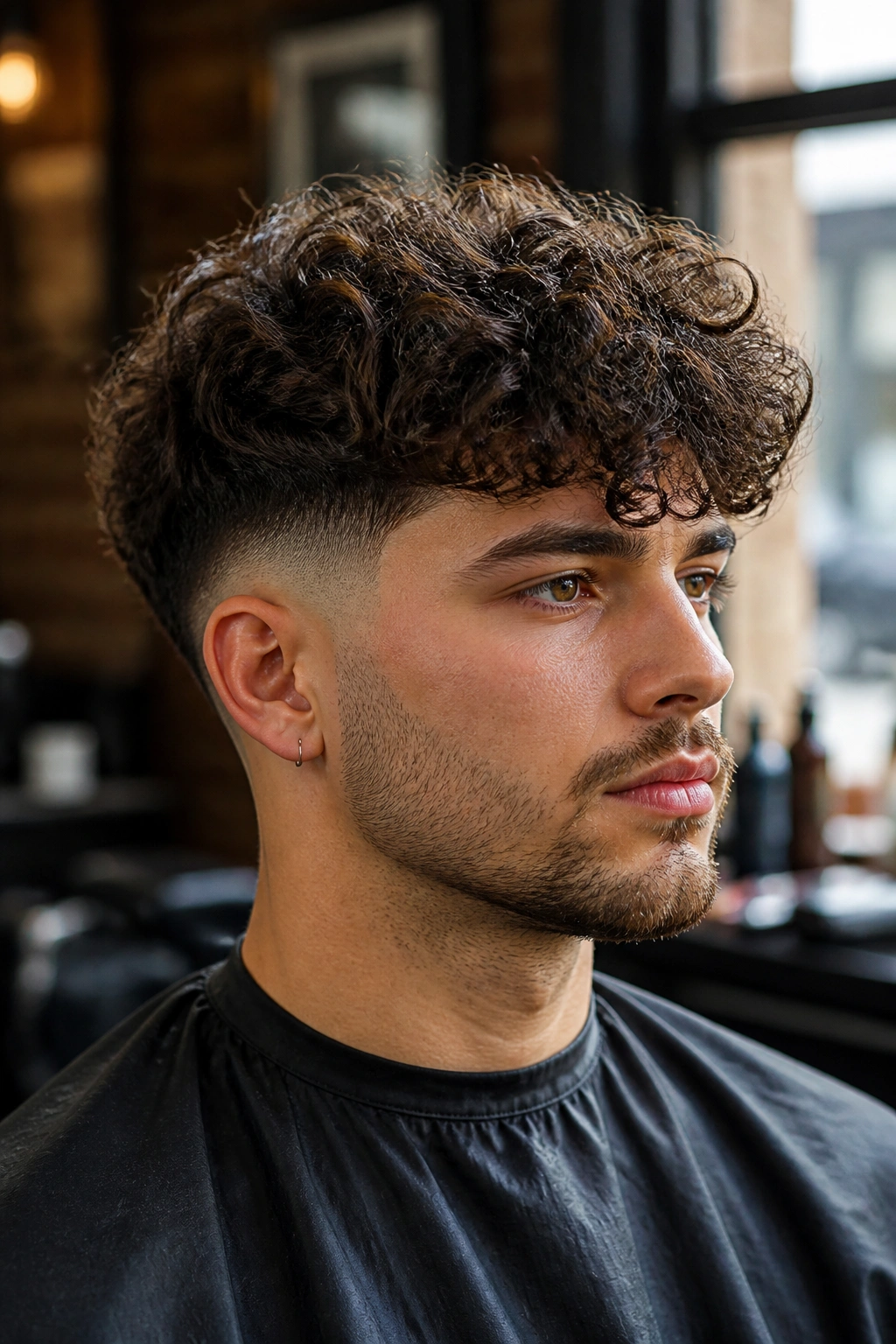 Close-up portrait of a man with a drop fade curly fringe in warm window light