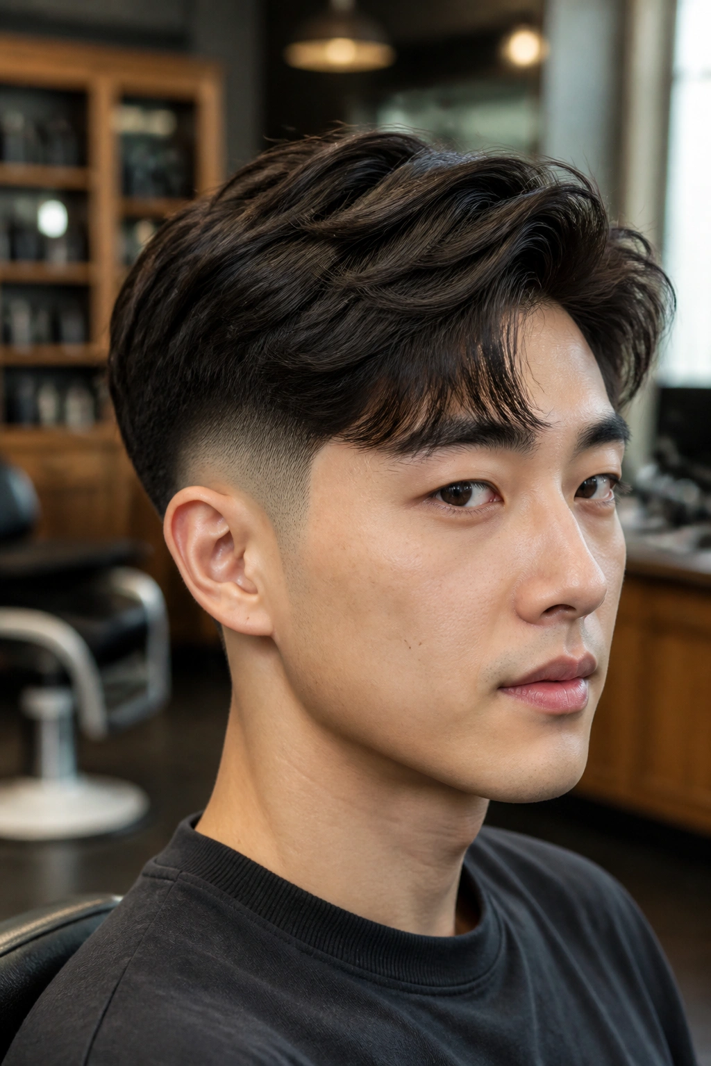 Close-up of a man with drop fade and longer textured top in a barbershop setting