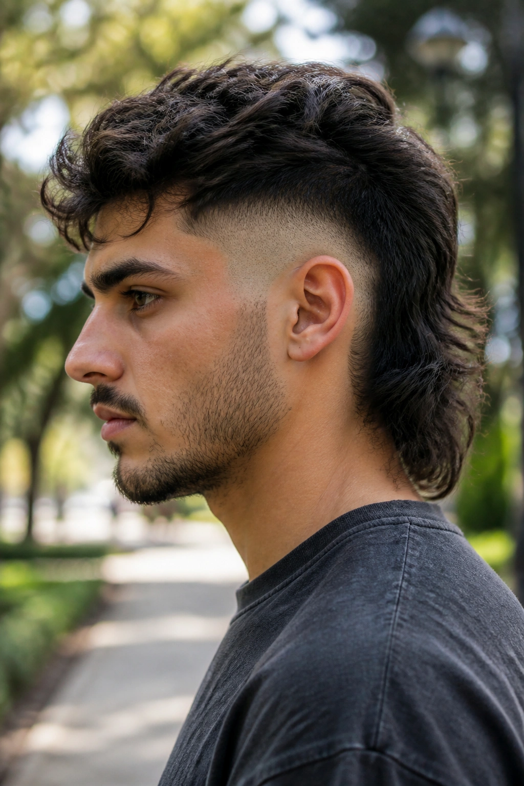 Close-up portrait of a man with a drop fade mullet in a park