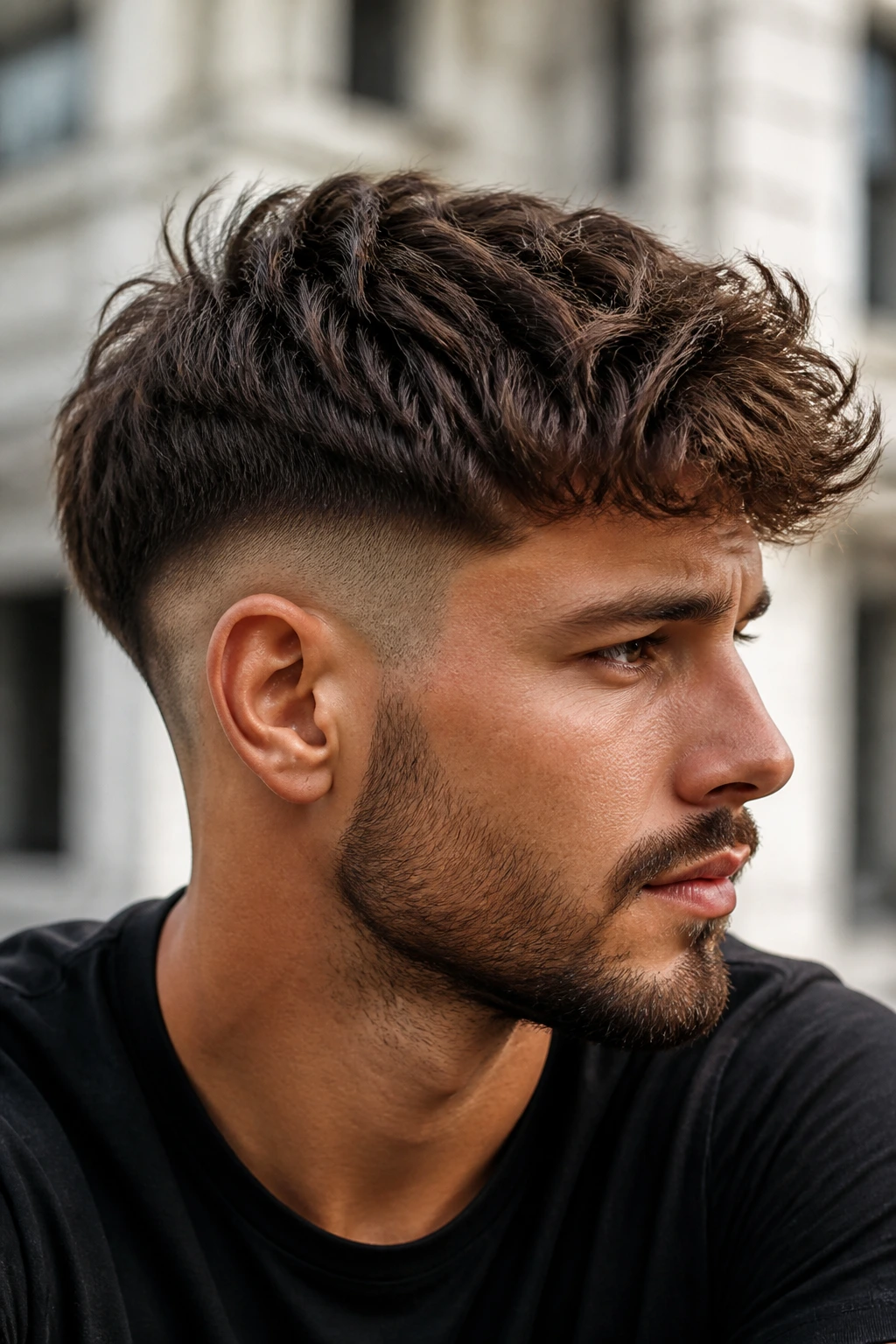 Close-up portrait of a man with a drop fade undercut and textured top outdoors.