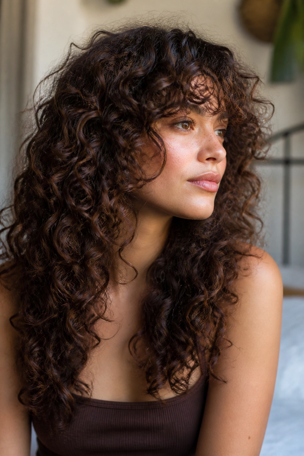 Close-up portrait of a person with curl-by-curl dry-cut curls in natural light.