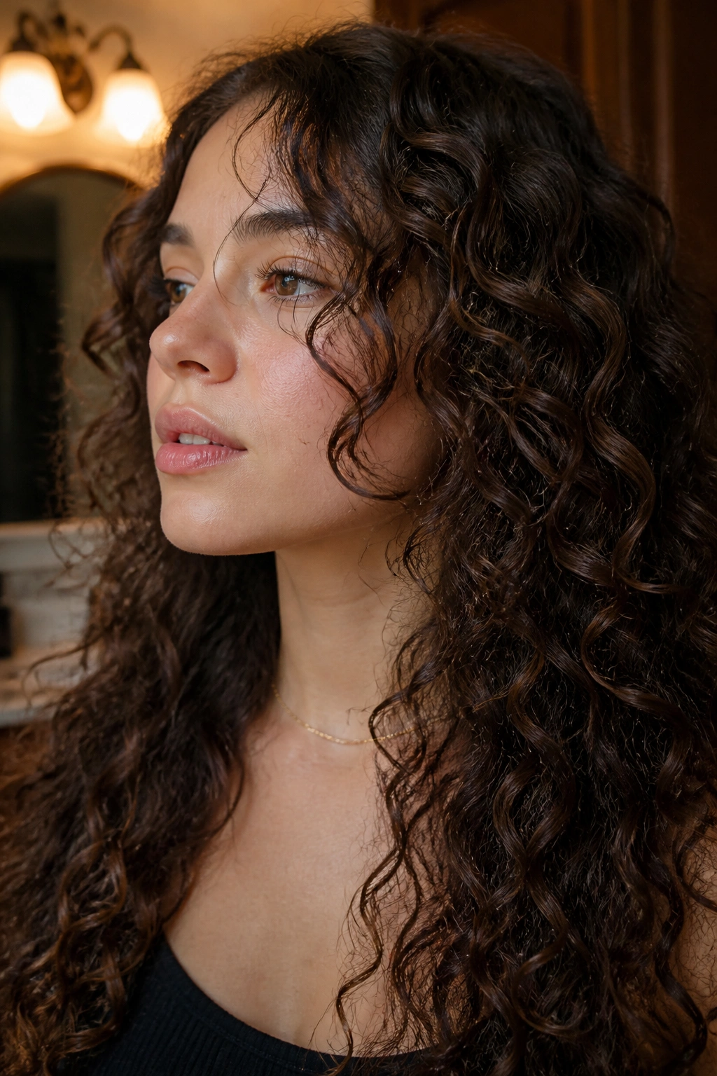 Real person with dry-cut face-framing layers sitting in warm light