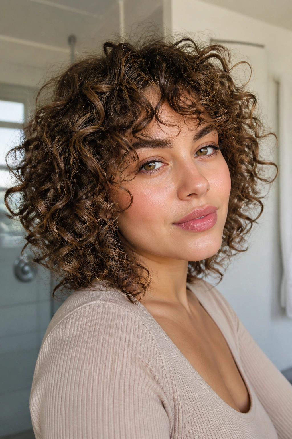 Close-up of a real woman with curly hair cut into dry-cut layers