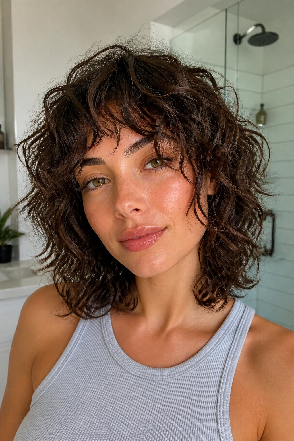 Real woman with a dry-cut curly lob shag in bright bathroom light.