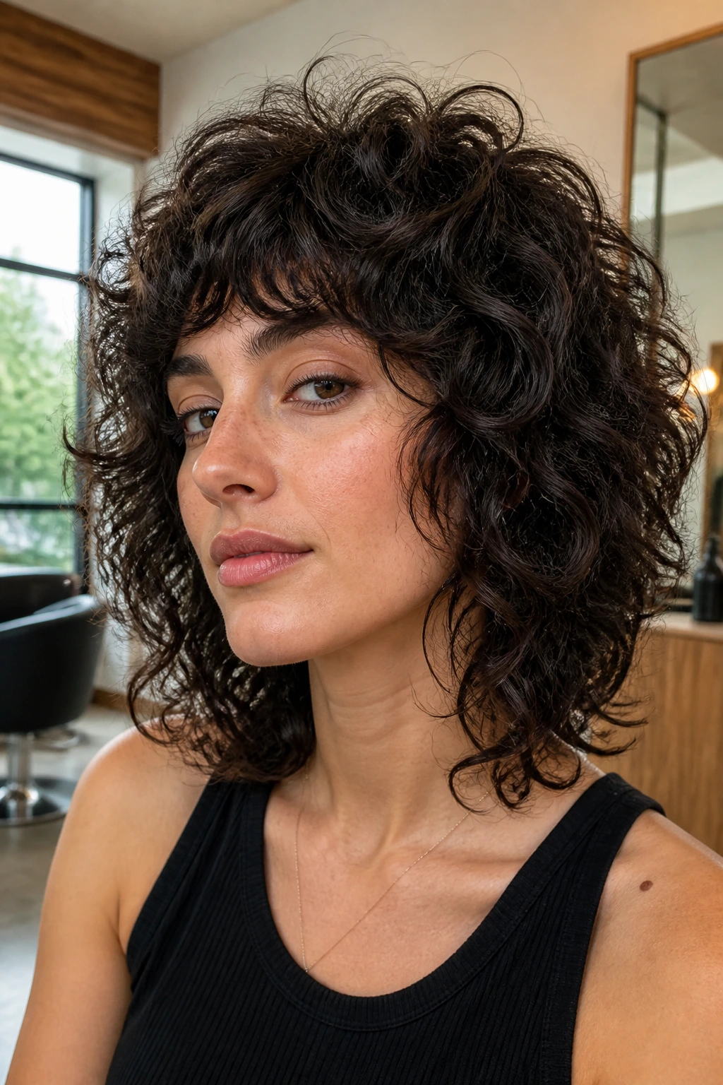 Close-up portrait of a real person with a dry-cut Rezo-inspired curly shag in natural salon light.