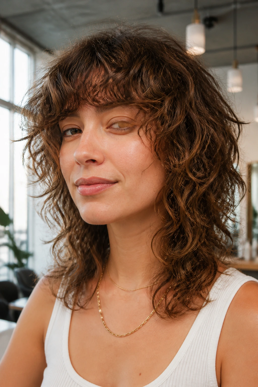 Close-up portrait of a real person with dry-cut shag and freehand shaping in a bright salon