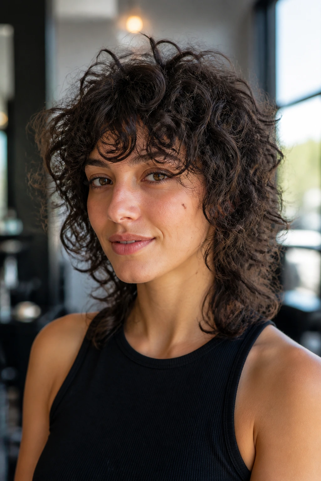 Close-up portrait of a real woman with a dry-cut curly shag showing curl clumps